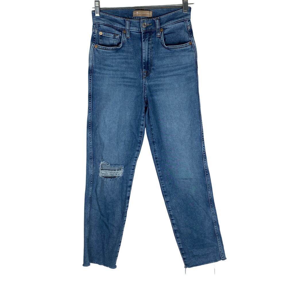 7 For All Mankind High Waist Cropped Straight Jeans Womens 25 Ripped Raw Hem Y2K